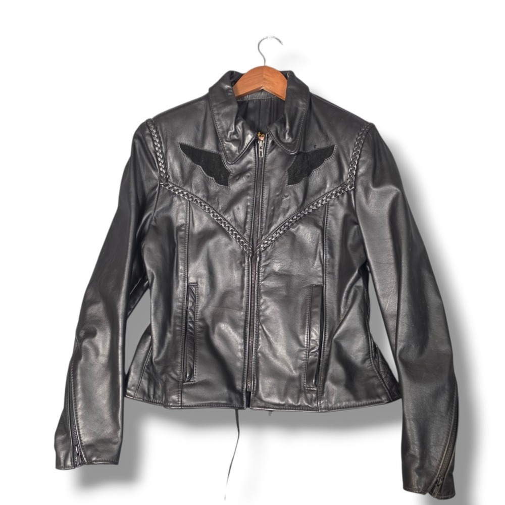 Protech Vintage Black Leather Braided Moto Biker‎ Wing Jacket Womens Size 14 USA